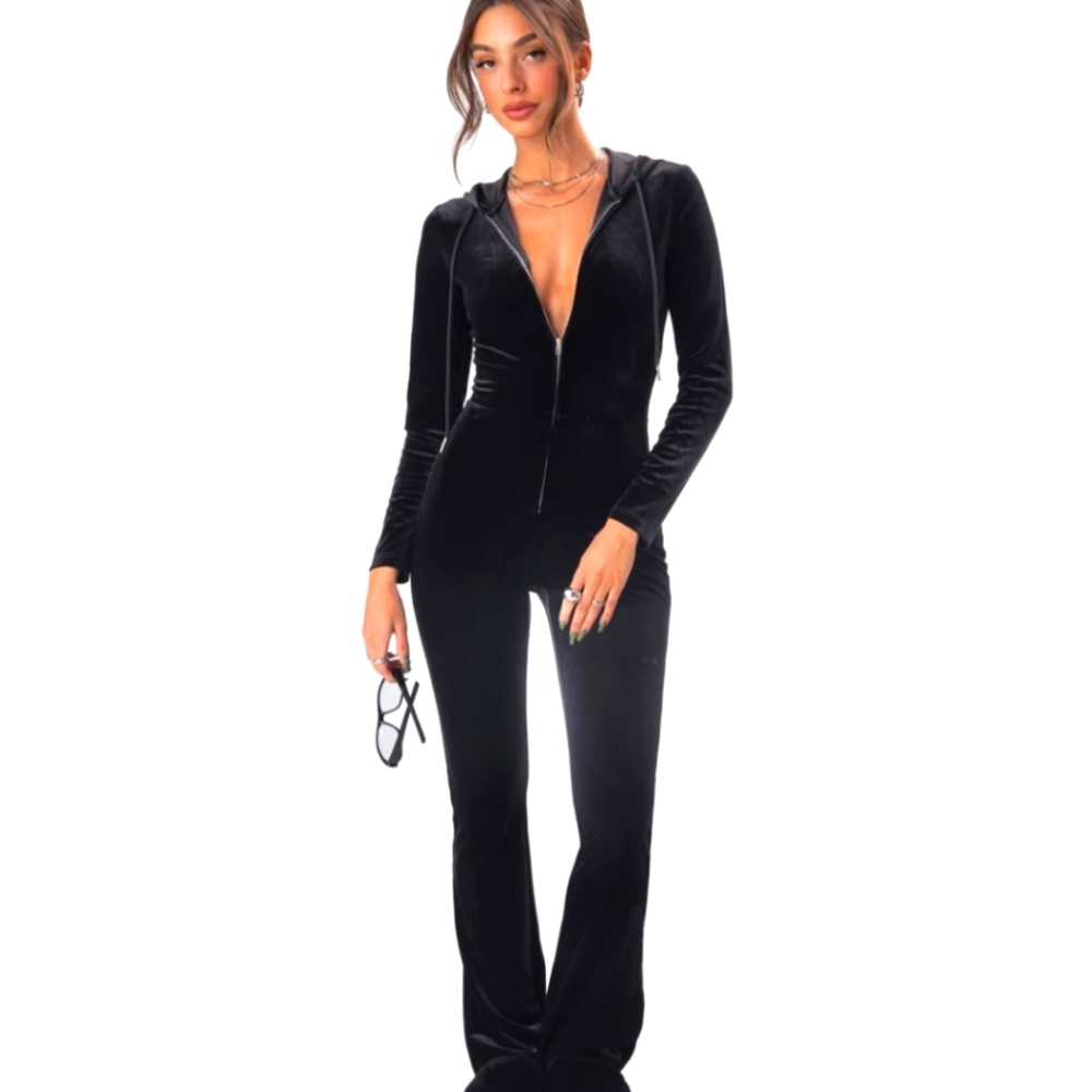 Adika Roscoe Hooded Zip-Up Velvet Jumpsuit